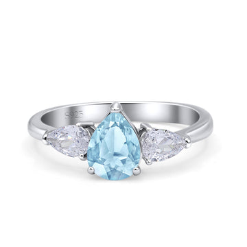 Three Stone Teardrop Pear Art Deco Simulated Aquamarine CZ Engagement Ring 925 Sterling Silver